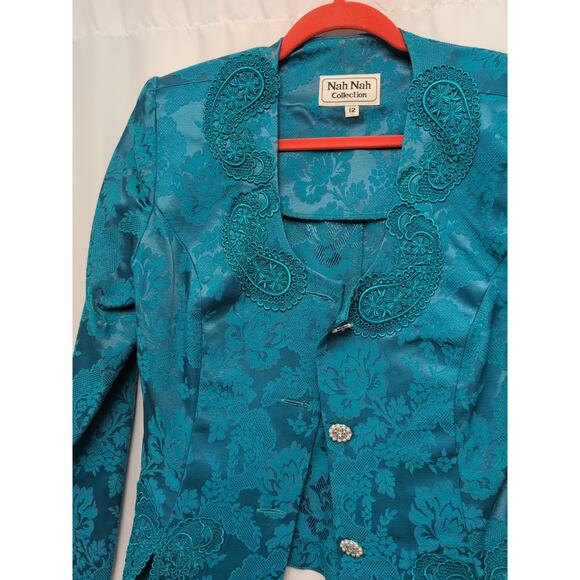 nah nah collection 12 jacket teal paisley rhinestone buttons shoulder pads - Picture 3 of 9